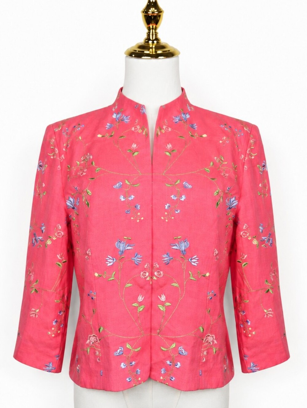 Vintage Positive Attitude Coral Floral Embroidered Linen Jacket Cottagecore 12P